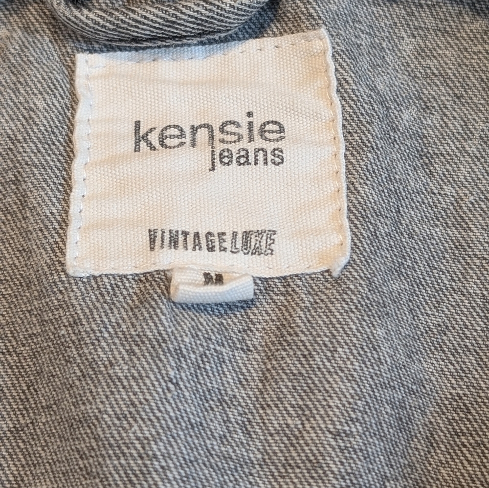 Kensie Washed Gray Cropped Sherpa-Trim Denim Jacket - Picture 2 of 6